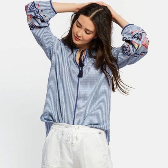 Joules Linen Blend Embroidered Blouse EUC - Picture 1 of 14